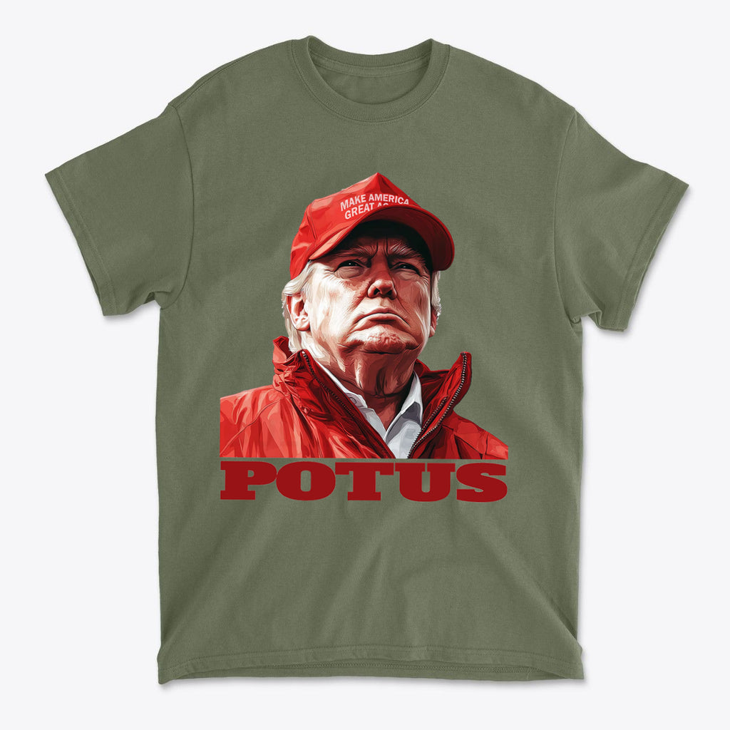 POTUS USA Patriotic Apparel Design featuring a bold image of a political figure in a red outfit.