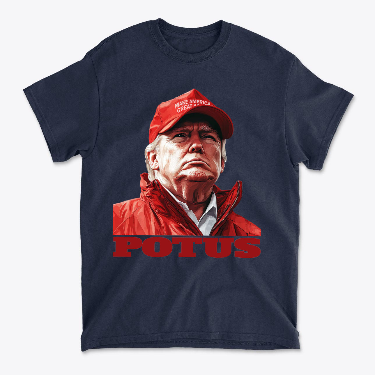POTUS USA Patriotic Apparel Design featuring artwork of a man in a red hat and jacket with a serious expression.