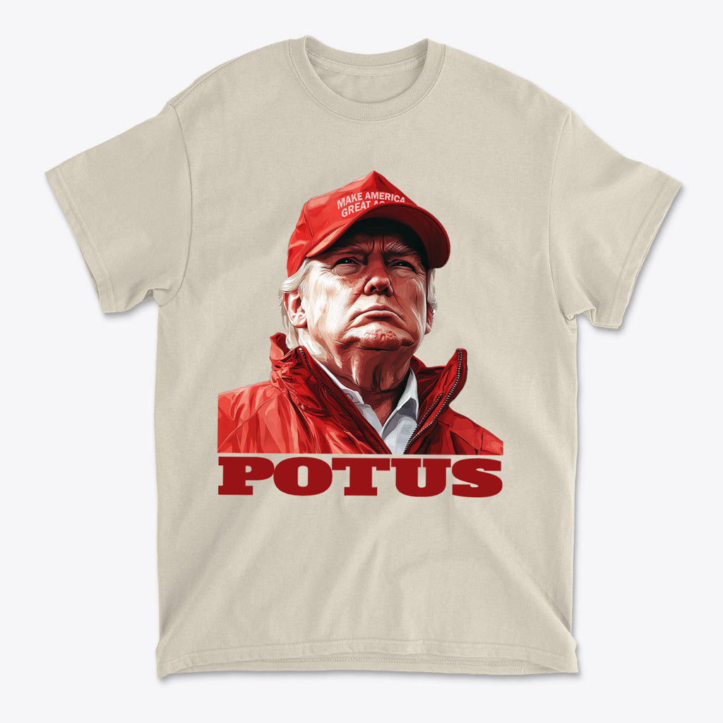 POTUS USA Patriotic Apparel Design featuring an illustration of a man in a red jacket and hat with the text POTUS.