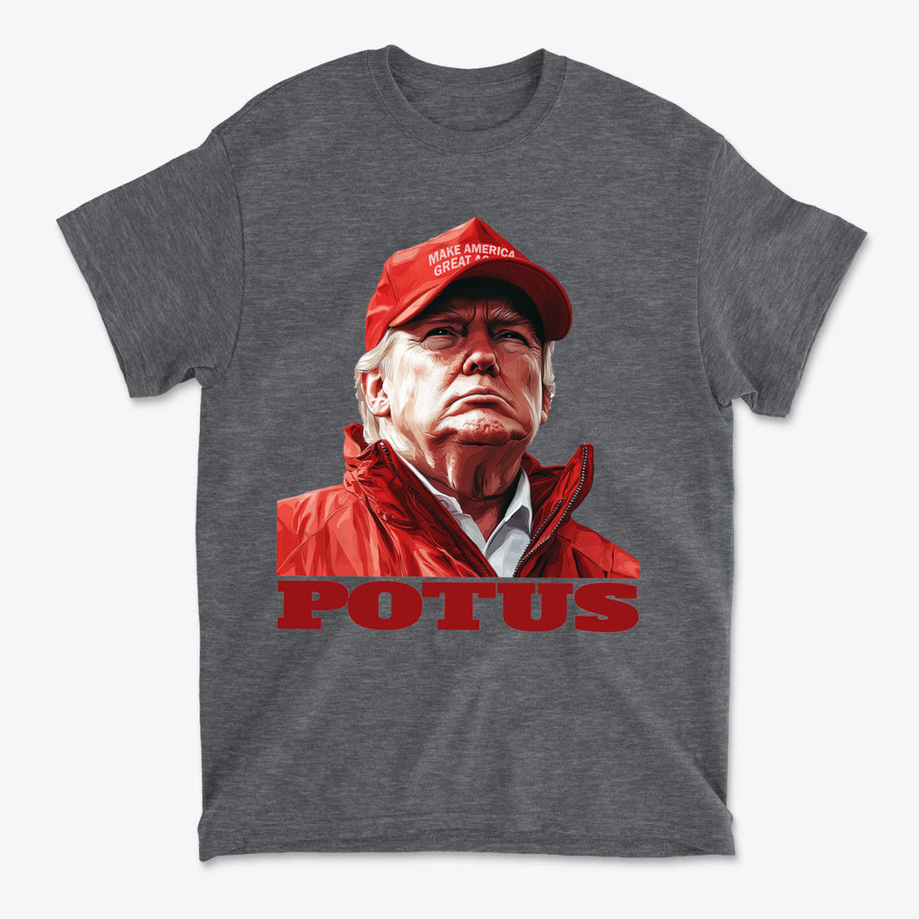 POTUS USA Patriotic Apparel Design featuring a graphic of a man in a red cap and jacket, promoting loyalty and patriotism.