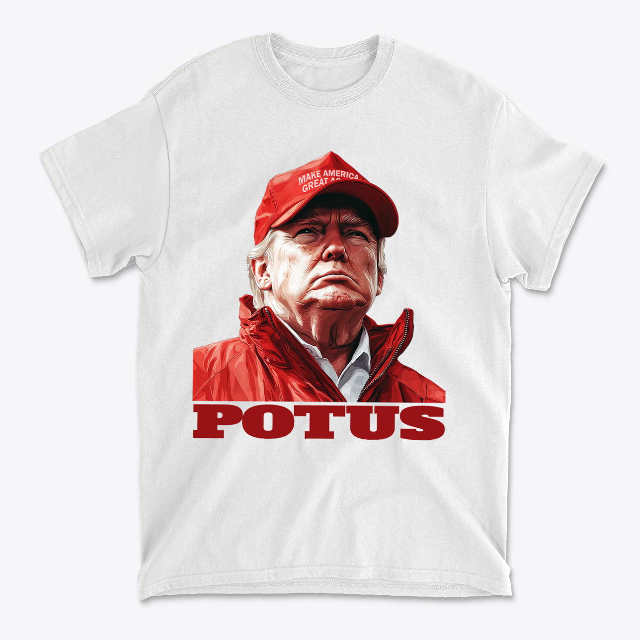 POTUS USA Patriotic Apparel Design featuring a man in a red jacket and cap, making a political statement.