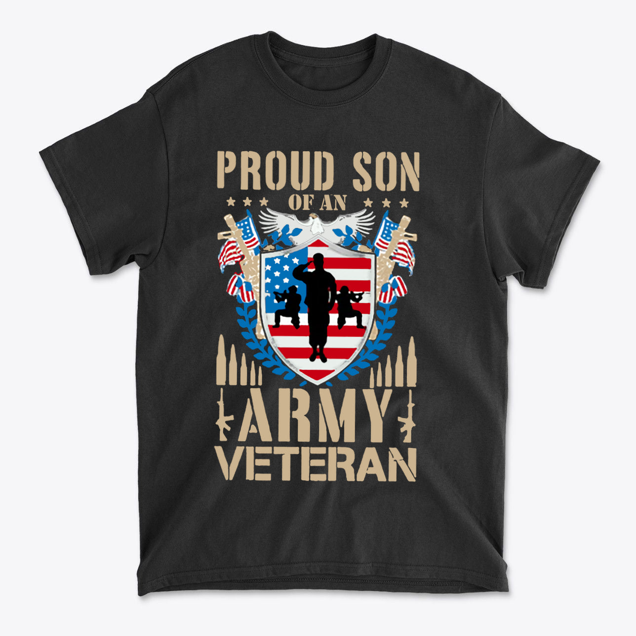 Proud Son of an Army Veteran Design t-shirt featuring shield, flags, and silhouette of soldier honoring military service.