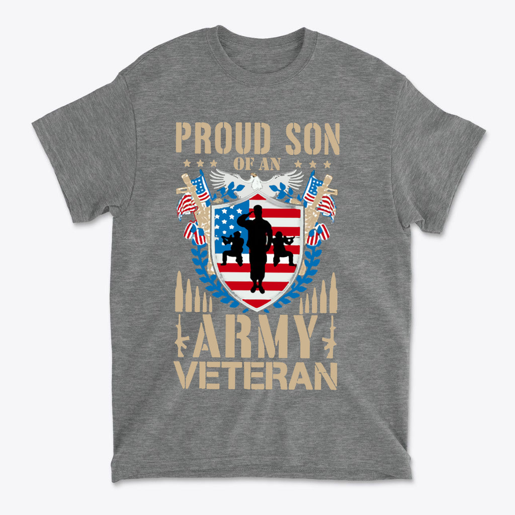 Proud Son of an Army Veteran Design t-shirt featuring military themes and American flag elements.