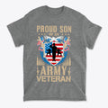 Proud Son of an Army Veteran Design t-shirt featuring military themes and American flag elements.