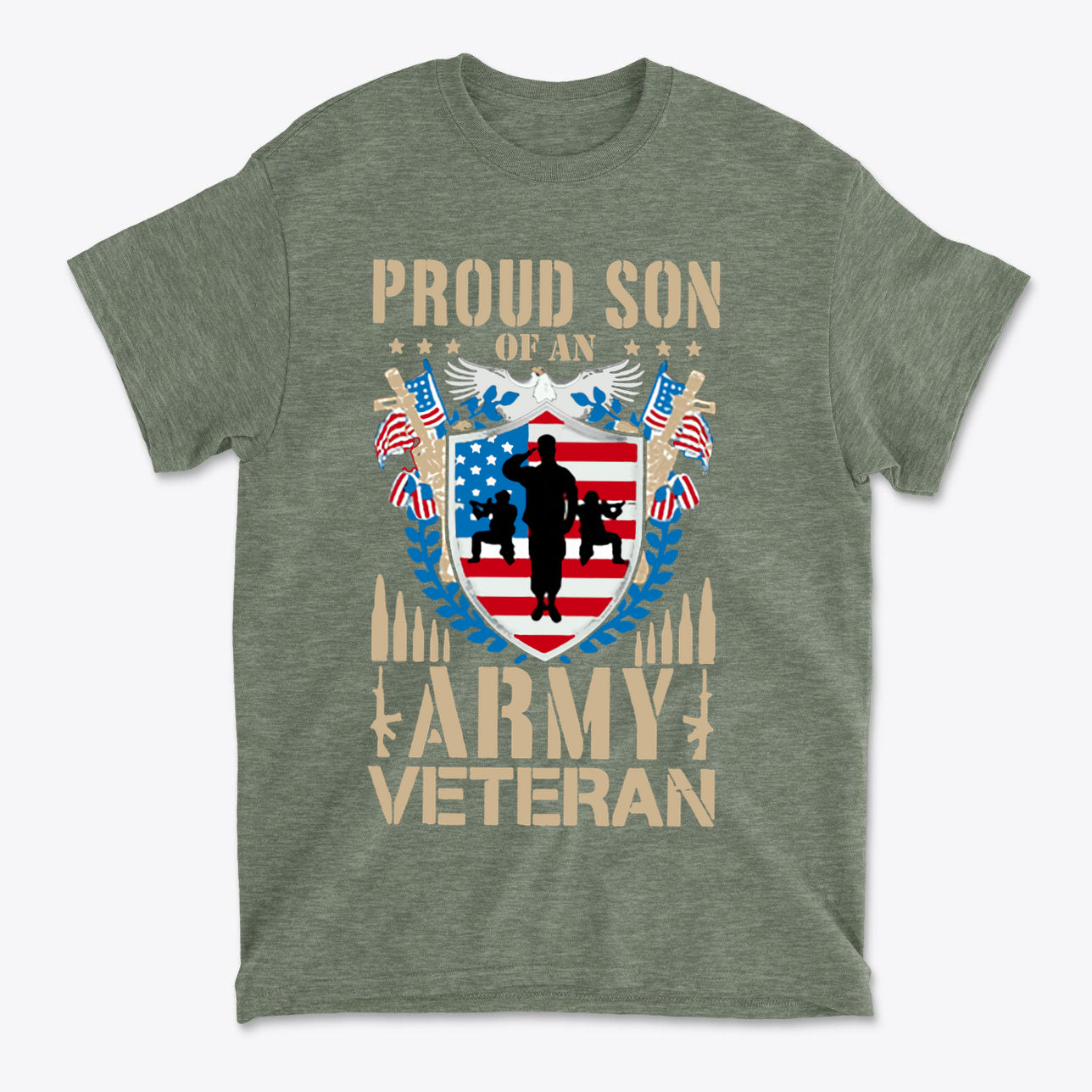 Proud Son of an Army Veteran Design t-shirt with military-themed graphics and patriotic colors.