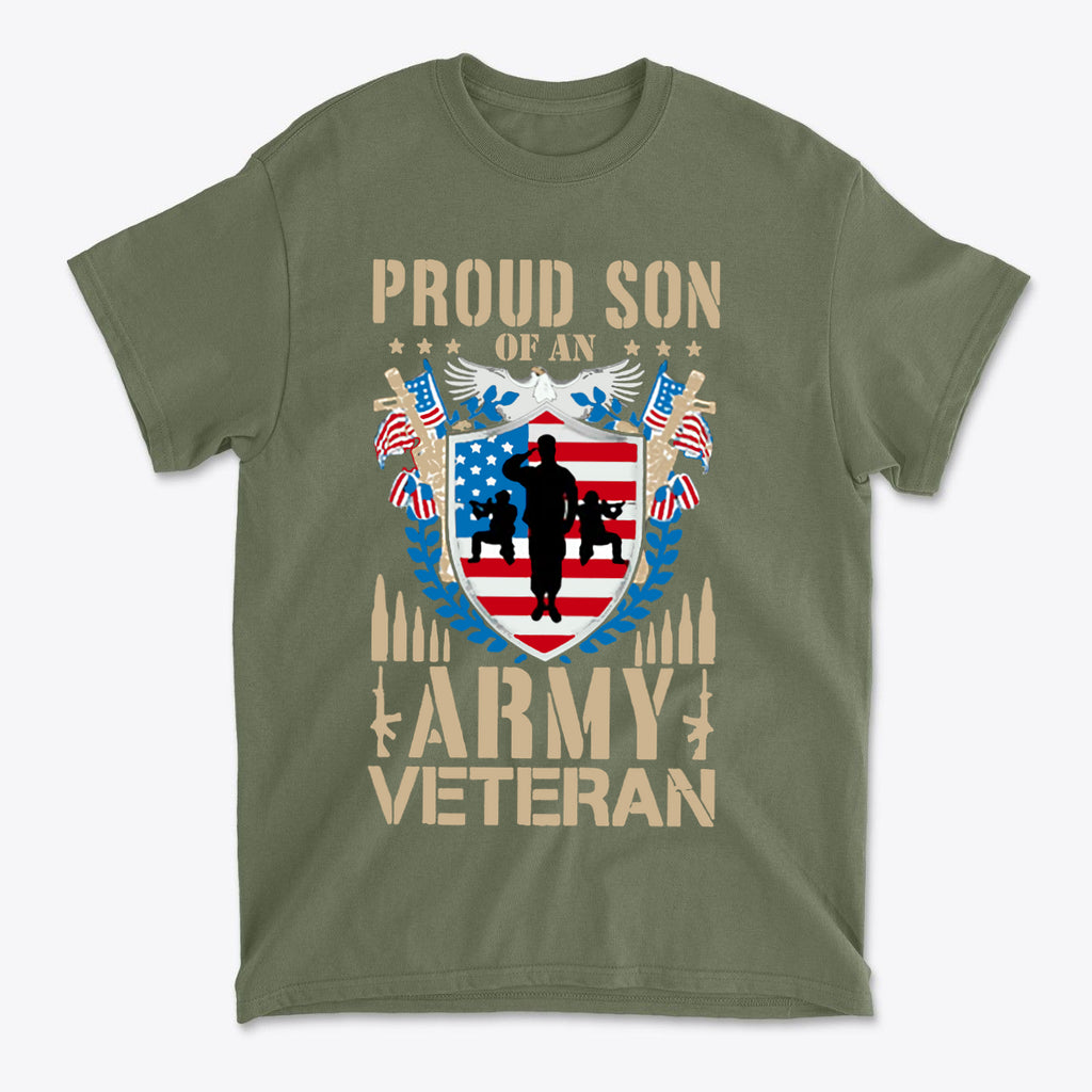 Proud Son of an Army Veteran Design featuring military-themed graphic on a green t-shirt.