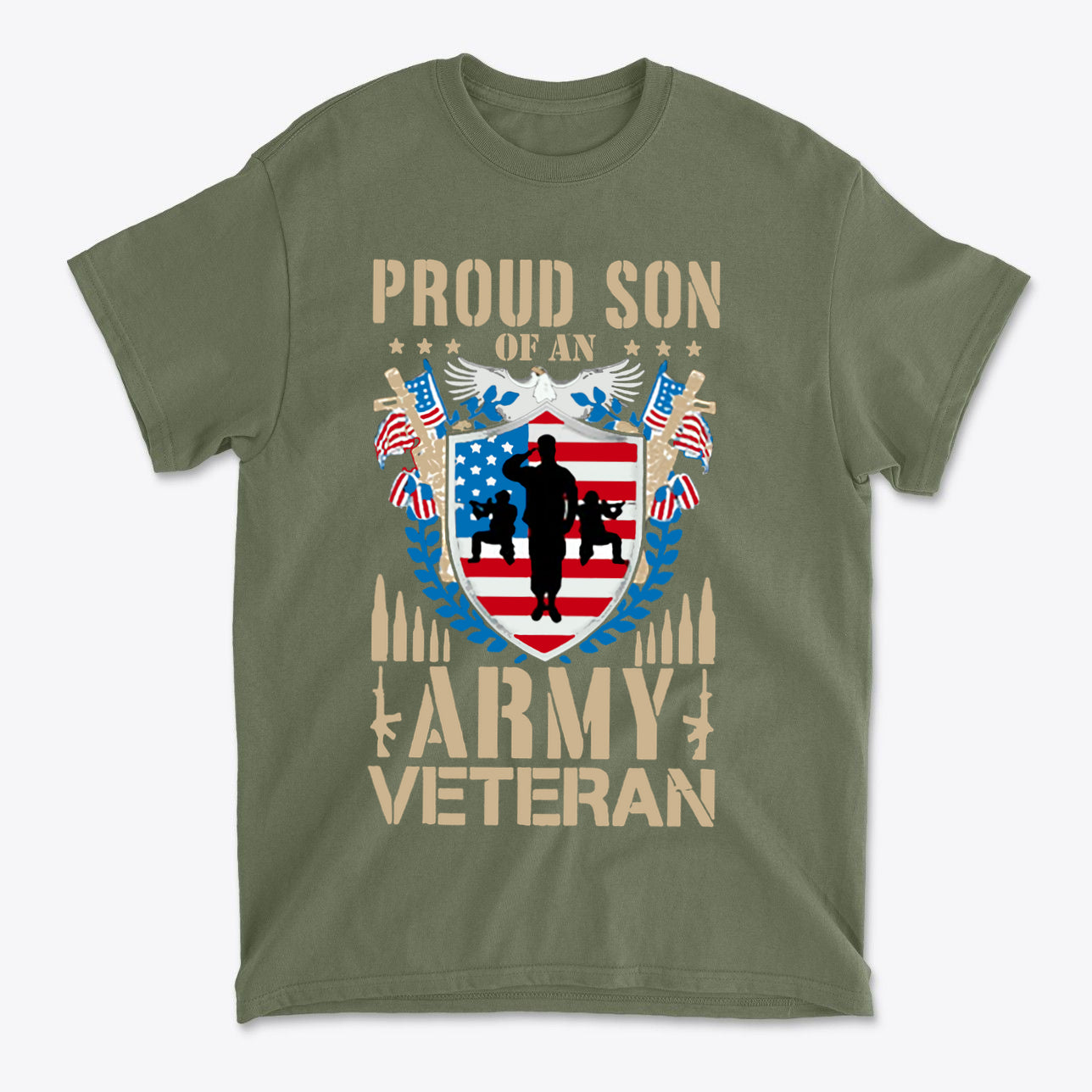 Proud Son of an Army Veteran Design featuring military-themed graphic on a green t-shirt.