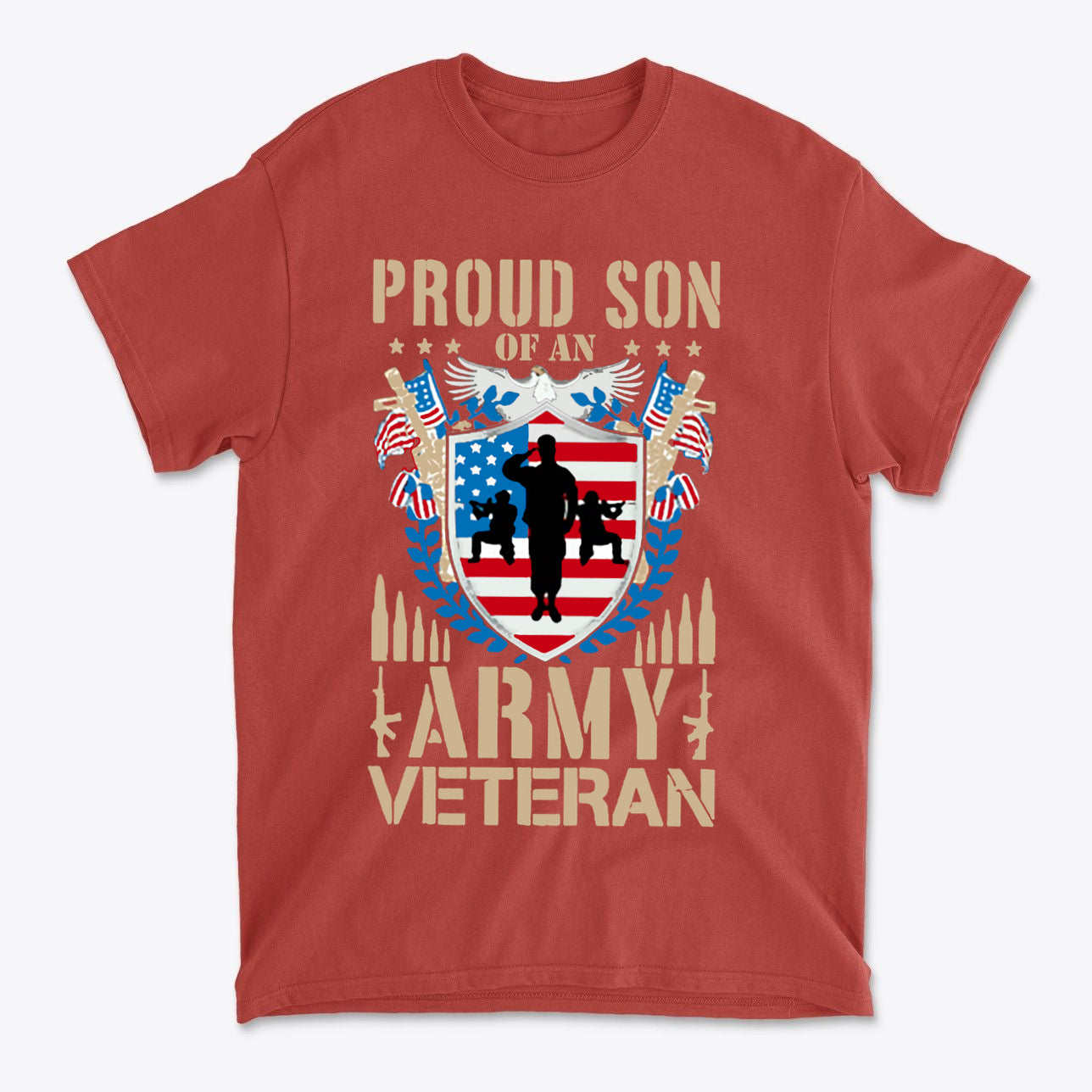 Proud Son of an Army Veteran Design t-shirt displaying military-themed graphics and patriotic colors.