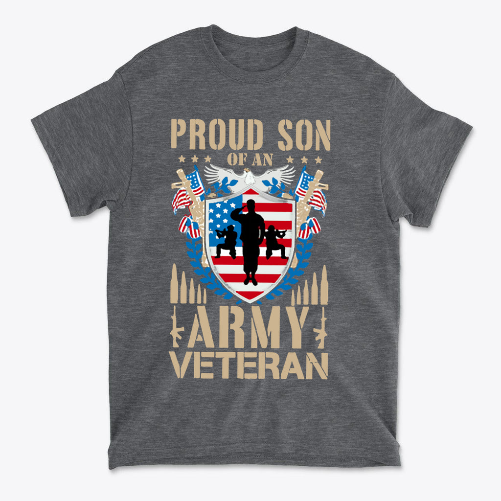 Proud Son of an Army Veteran Design on a gray t-shirt featuring military motifs and patriotic colors.