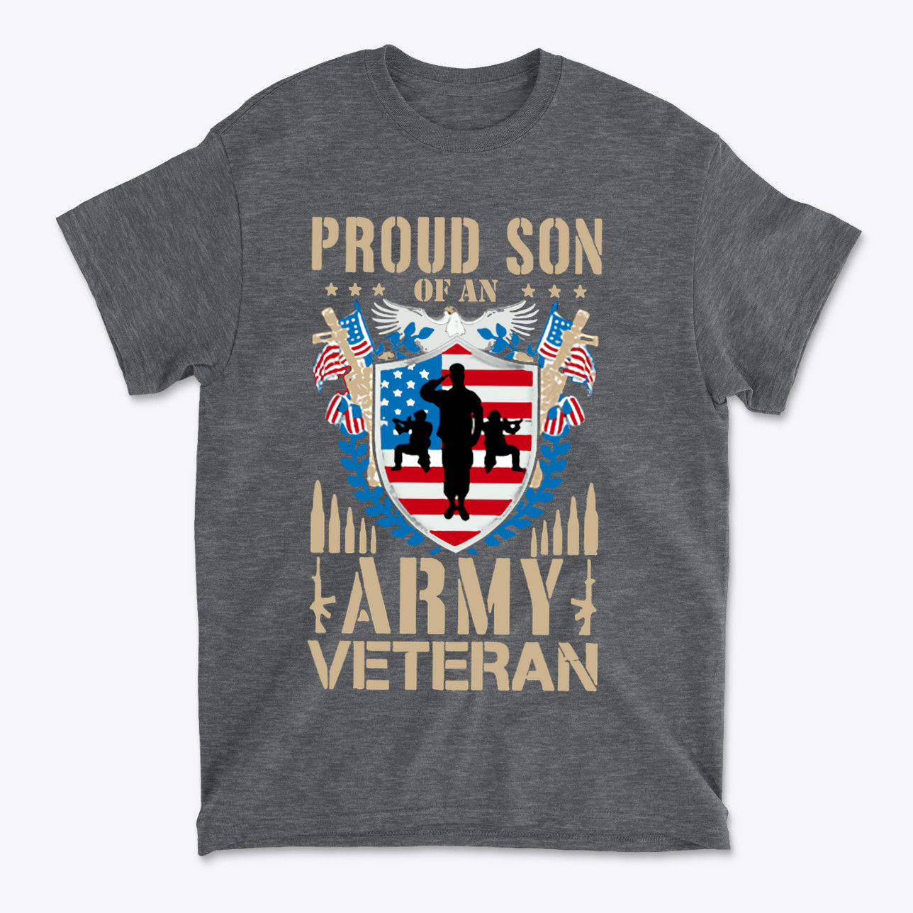 Proud Son of an Army Veteran Design on a gray t-shirt featuring military motifs and patriotic colors.