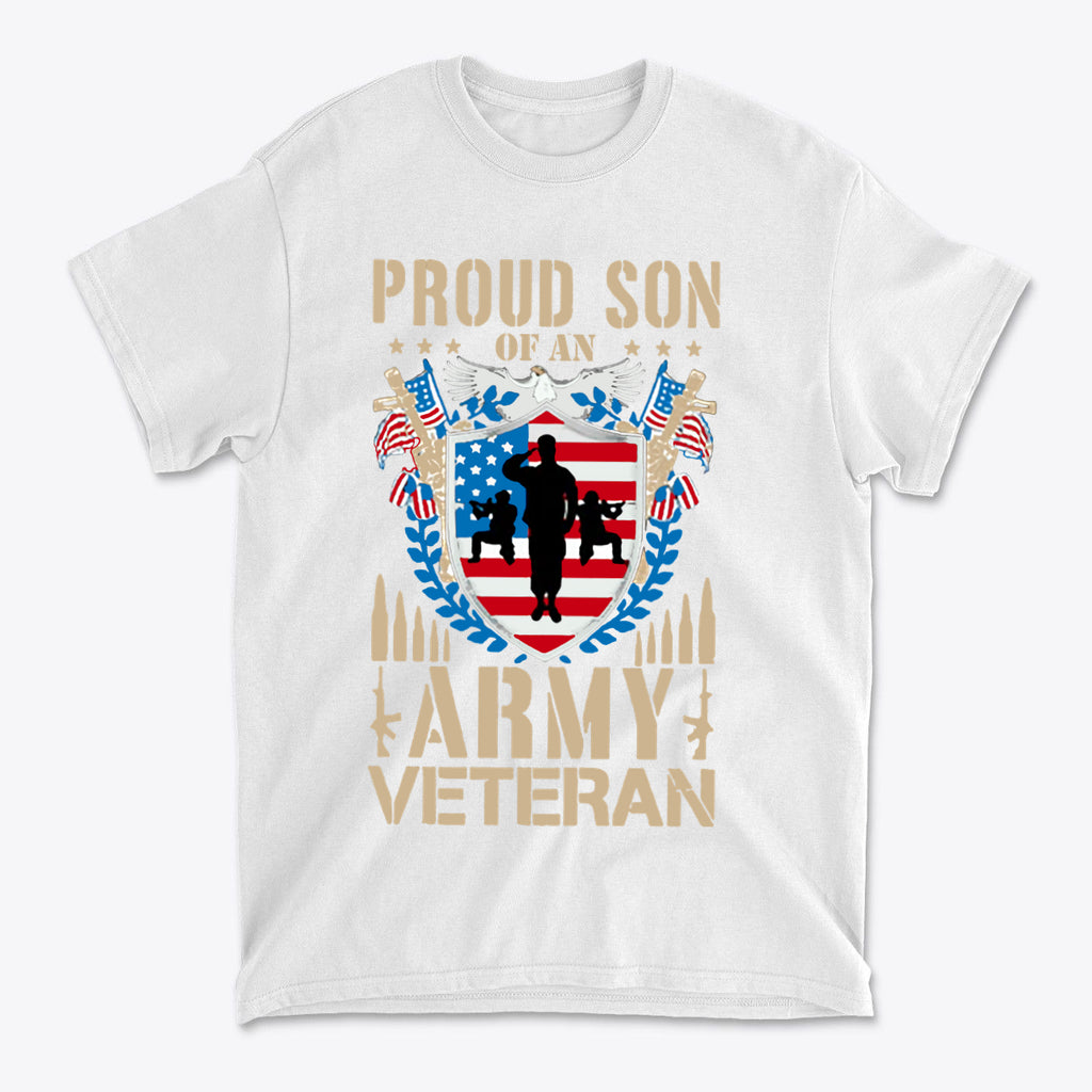 Proud Son of an Army Veteran Design t-shirt featuring military themes and patriotic elements.