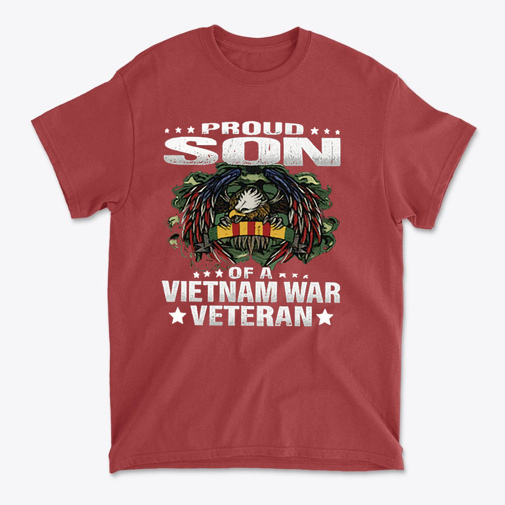 Proud Son Of A Vietnam War Veteran graphic t-shirt featuring bold design and military-themed imagery.