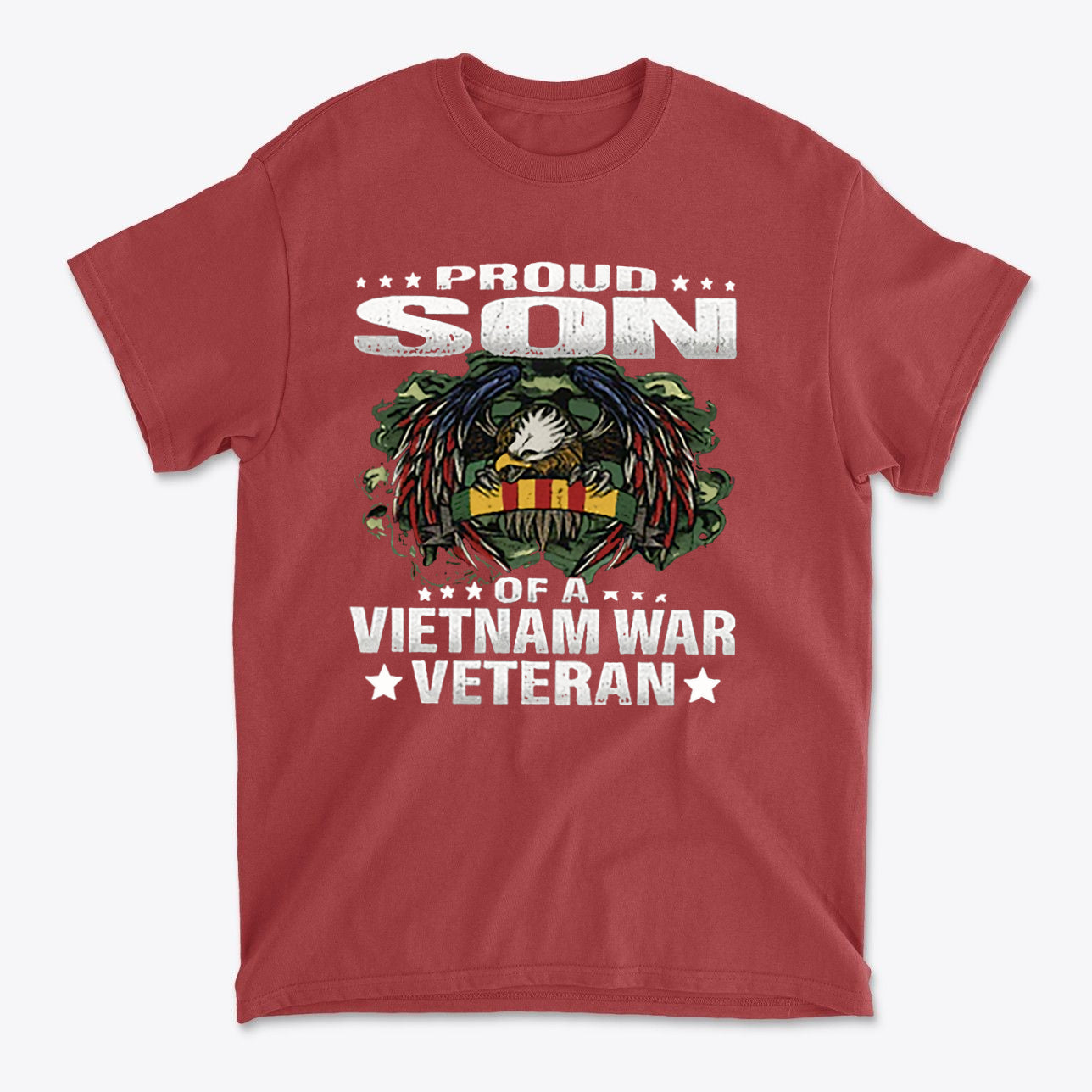 Proud Son Of A Vietnam War Veteran graphic t-shirt featuring bold design and military-themed imagery.
