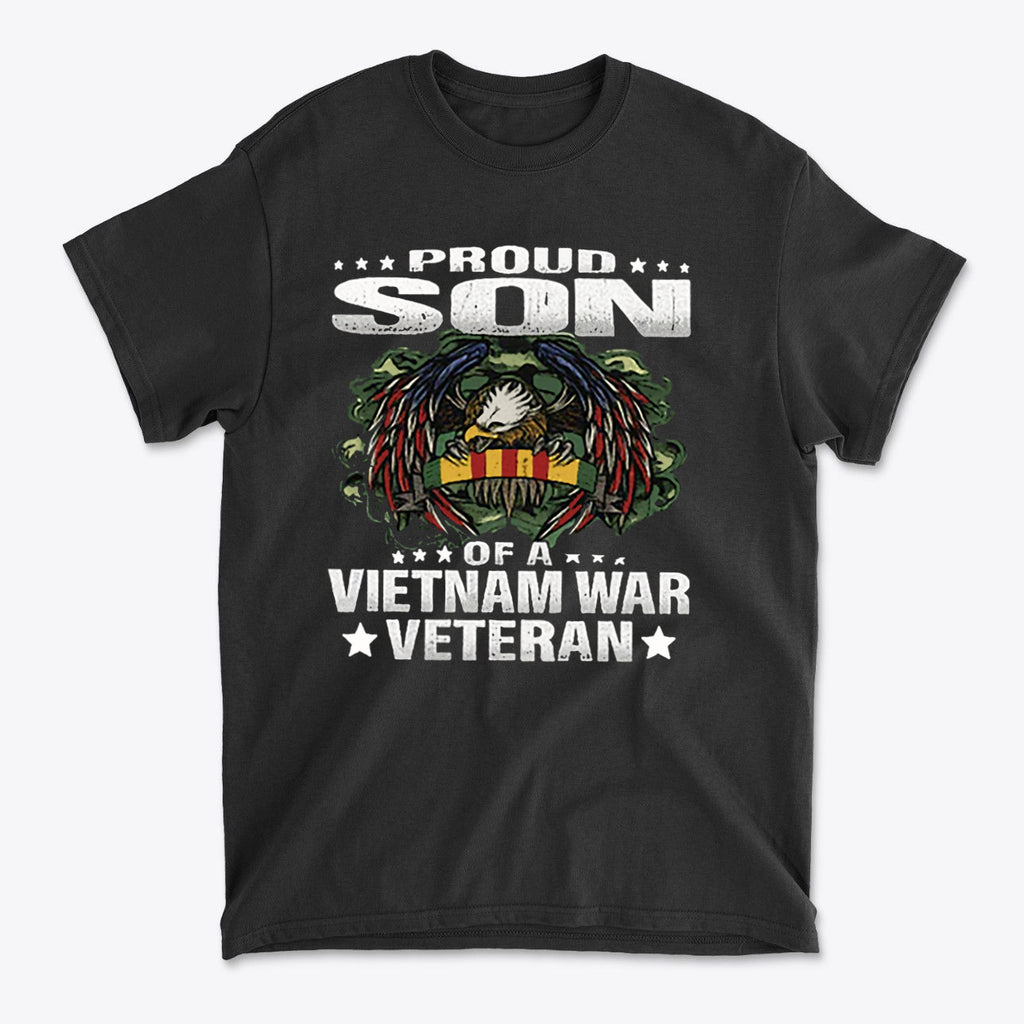 Proud Son Of A Vietnam War Veteran t-shirt showcasing bold design with eagle and vibrant colors.