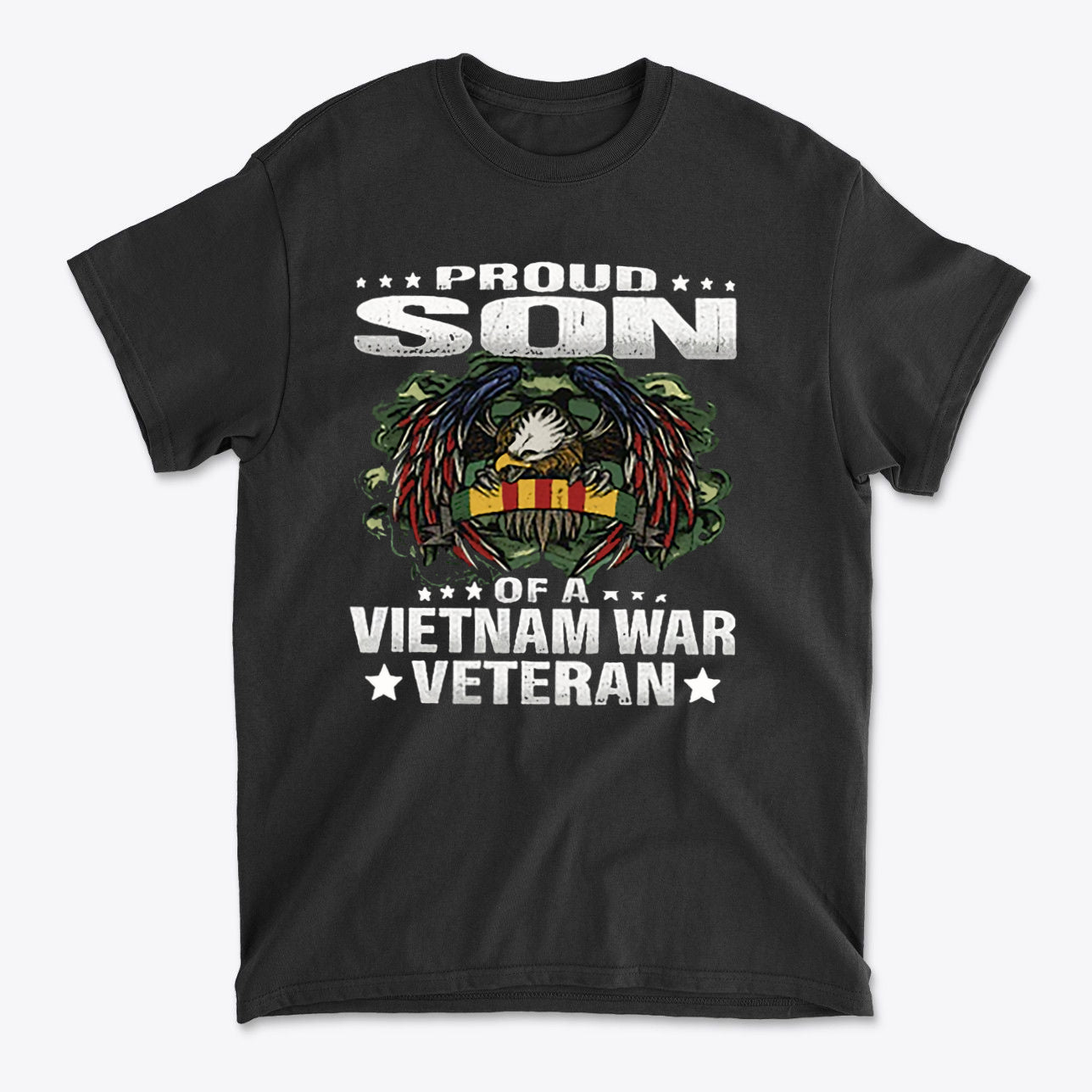 Proud Son Of A Vietnam War Veteran t-shirt showcasing bold design with eagle and vibrant colors.