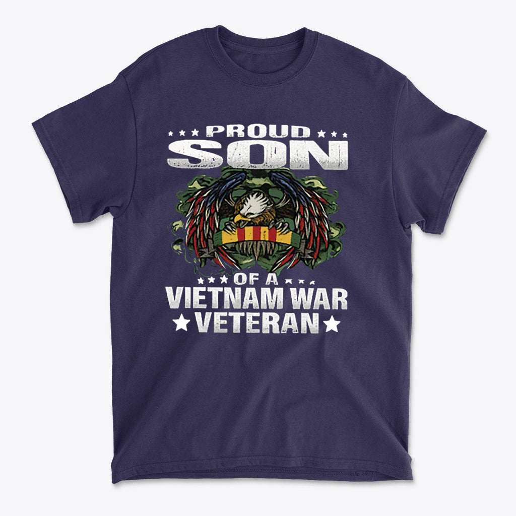 Proud Son Of A Vietnam War Veteran t-shirt featuring eagle and patriotic design.