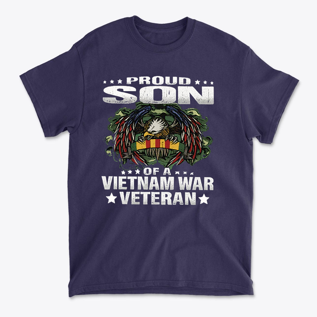 Proud Son Of A Vietnam War Veteran t-shirt featuring eagle and patriotic design.