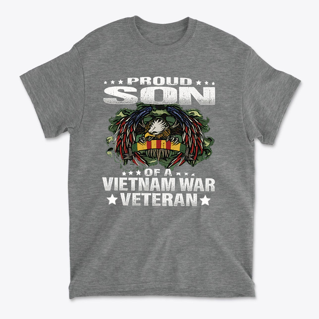 Proud Son Of A Vietnam War Veteran graphic t-shirt design featuring eagle and military insignia.