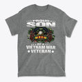 Proud Son Of A Vietnam War Veteran graphic t-shirt design featuring eagle and military insignia.