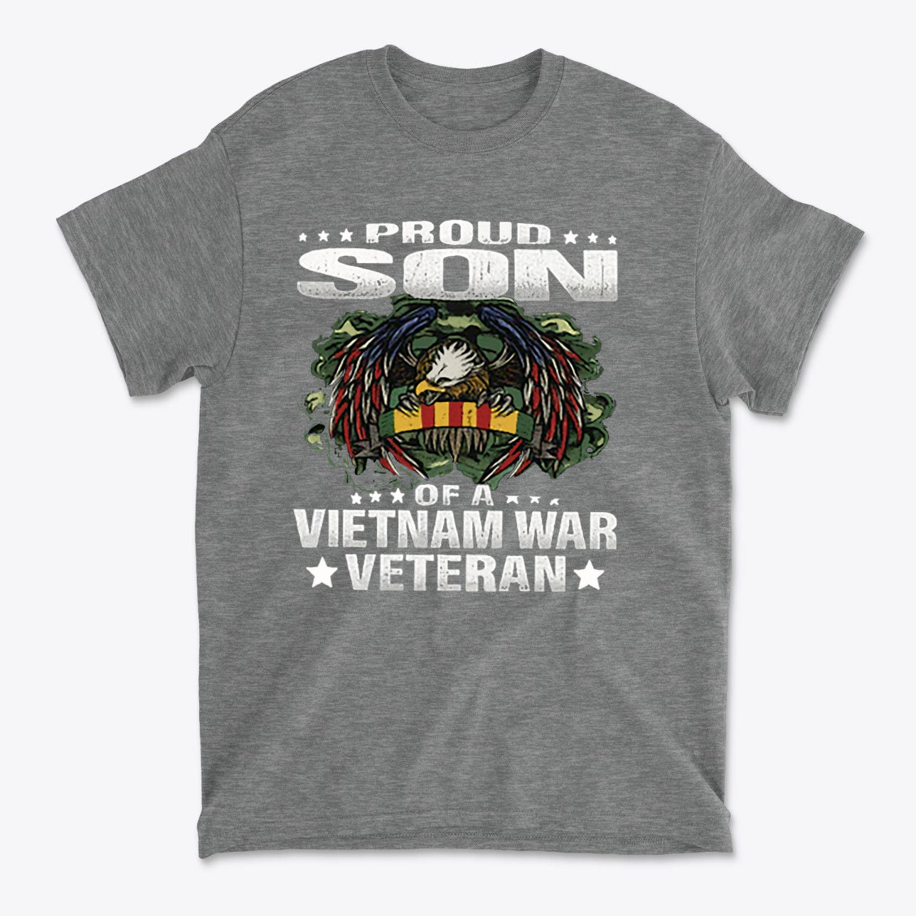 Proud Son Of A Vietnam War Veteran graphic t-shirt design featuring eagle and military insignia.