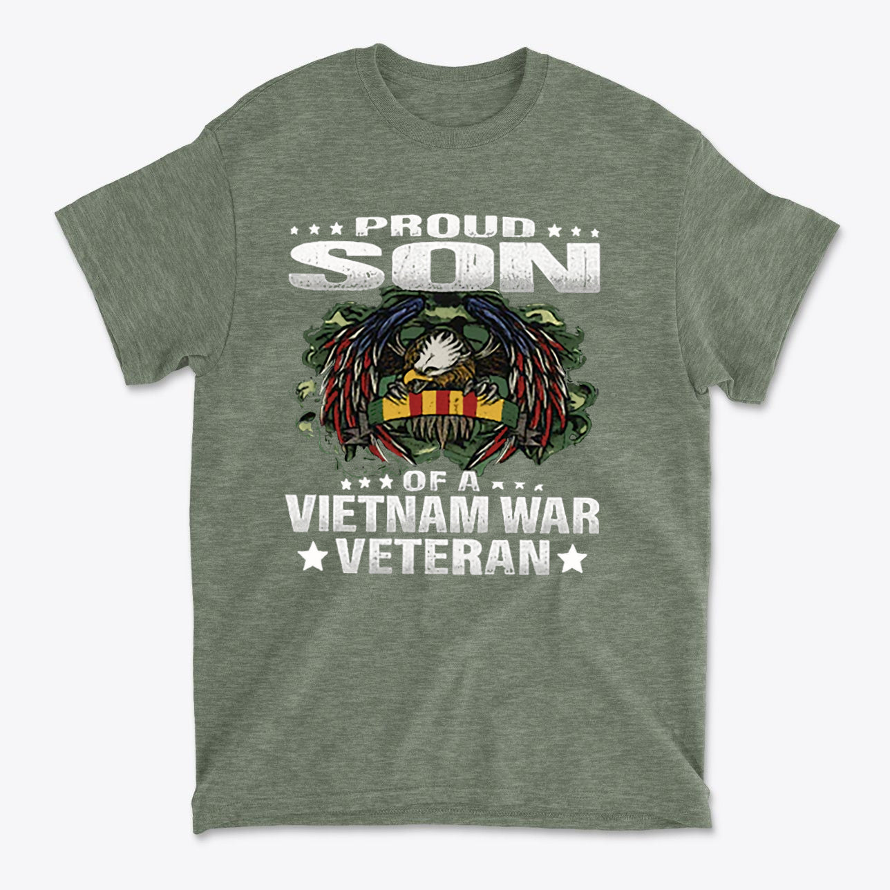 Proud Son Of A Vietnam War Veteran t-shirt design featuring an eagle and military insignia.