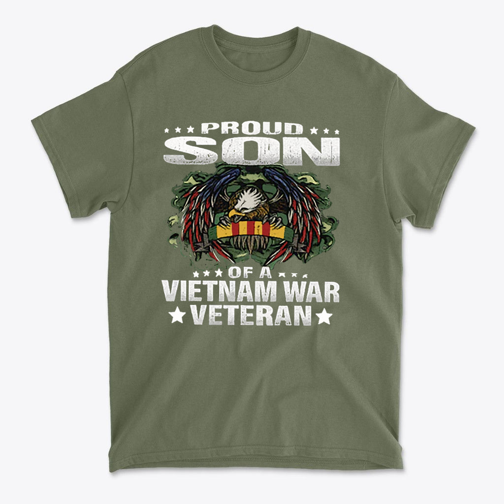 Proud Son Of A Vietnam War Veteran t-shirt design featuring eagle and bold text.