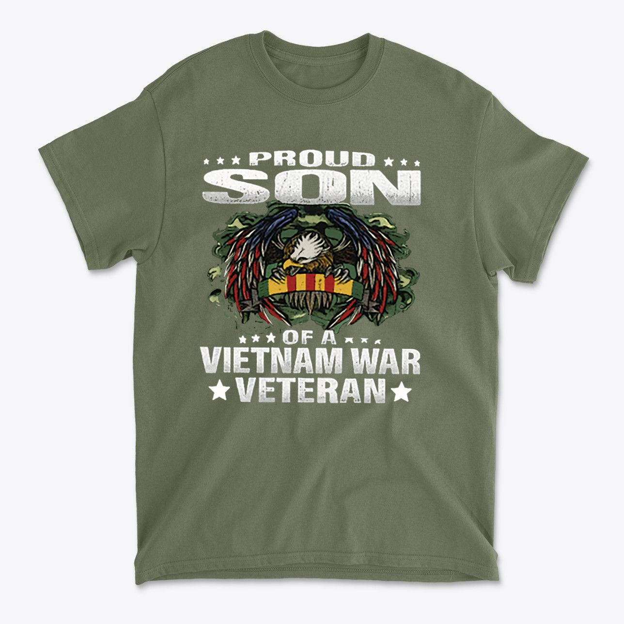 Proud Son Of A Vietnam War Veteran t-shirt design featuring eagle and bold text.