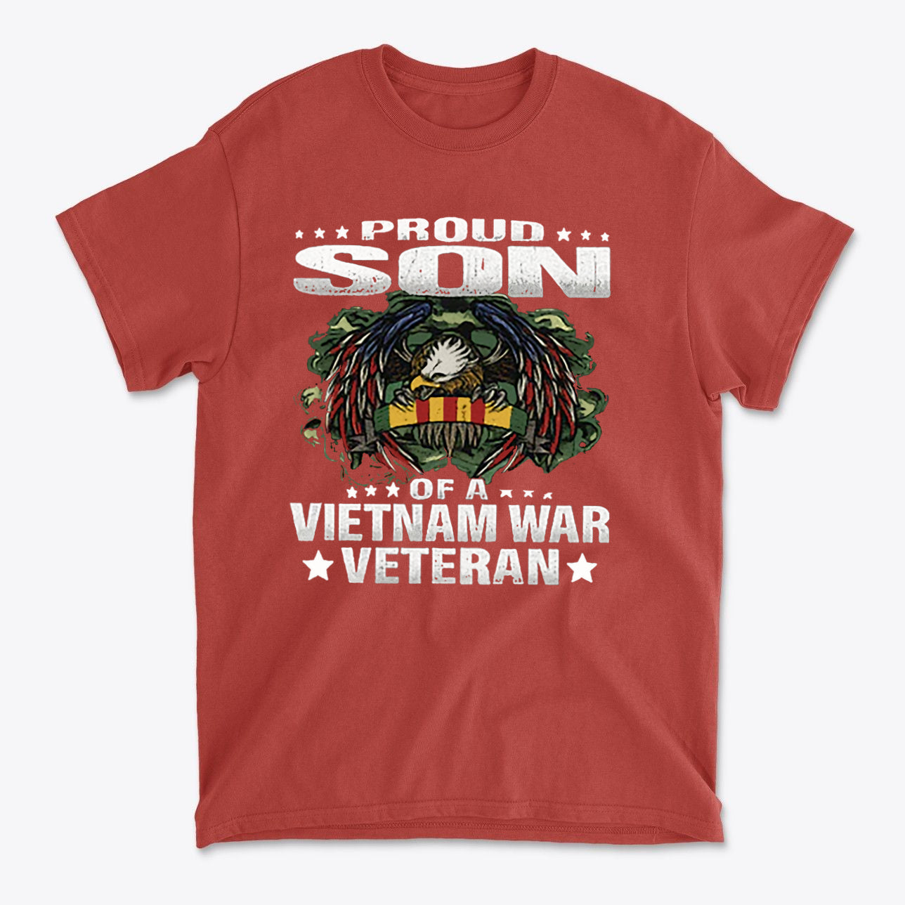 Proud Son Of A Vietnam War Veteran graphic t-shirt in red with eagle design honoring military service.