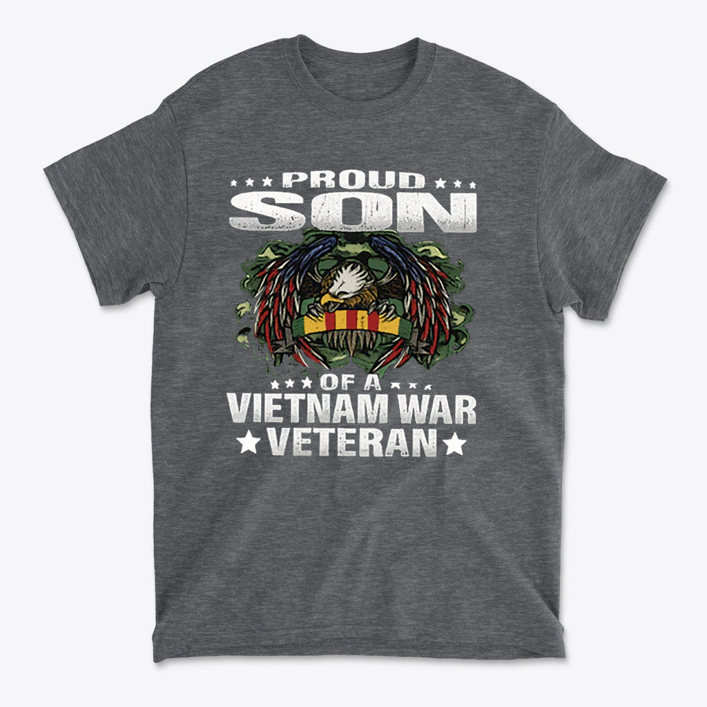 Proud Son Of A Vietnam War Veteran graphic tee featuring bold text and eagle design on a dark background