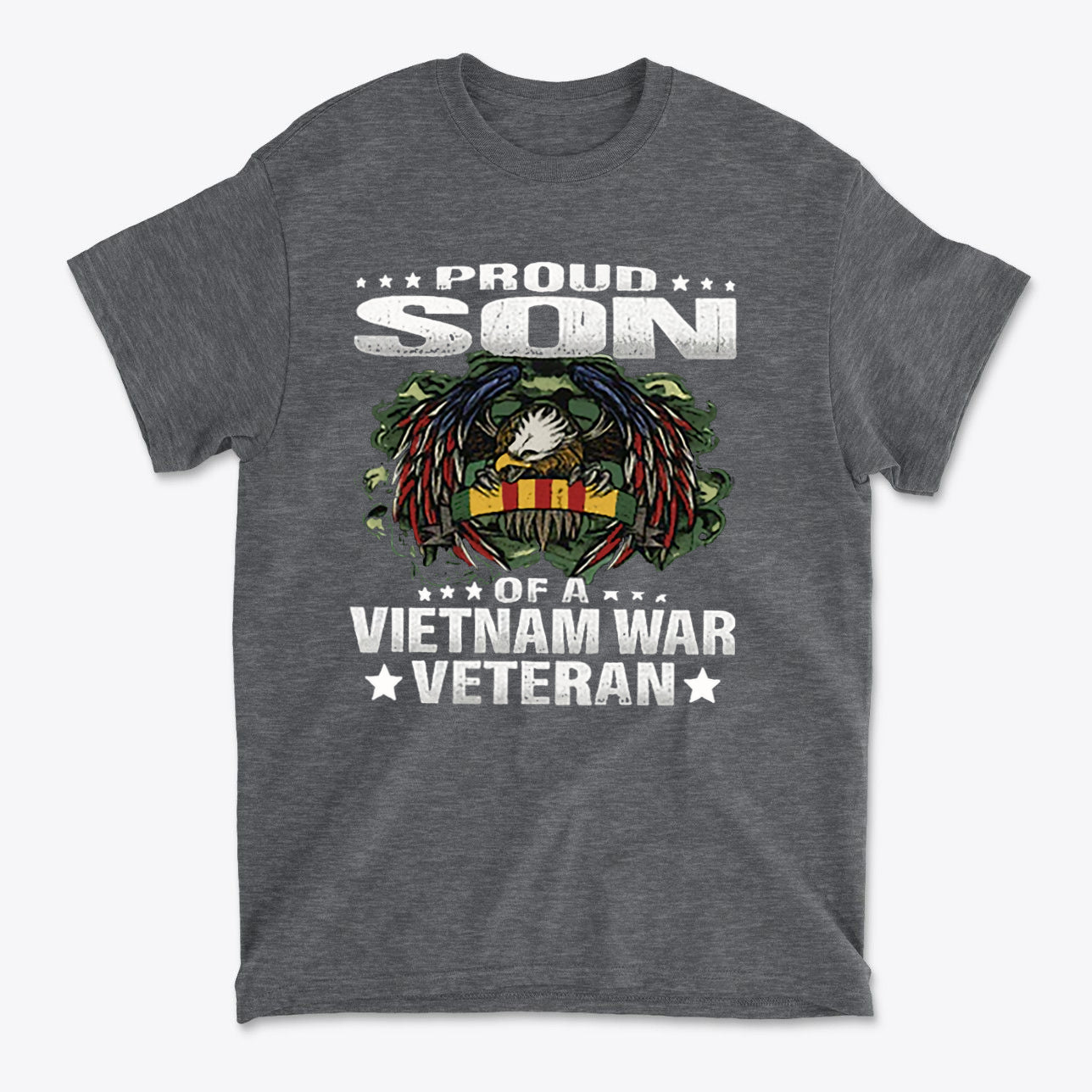 Proud Son Of A Vietnam War Veteran graphic tee featuring bold text and eagle design on a dark background