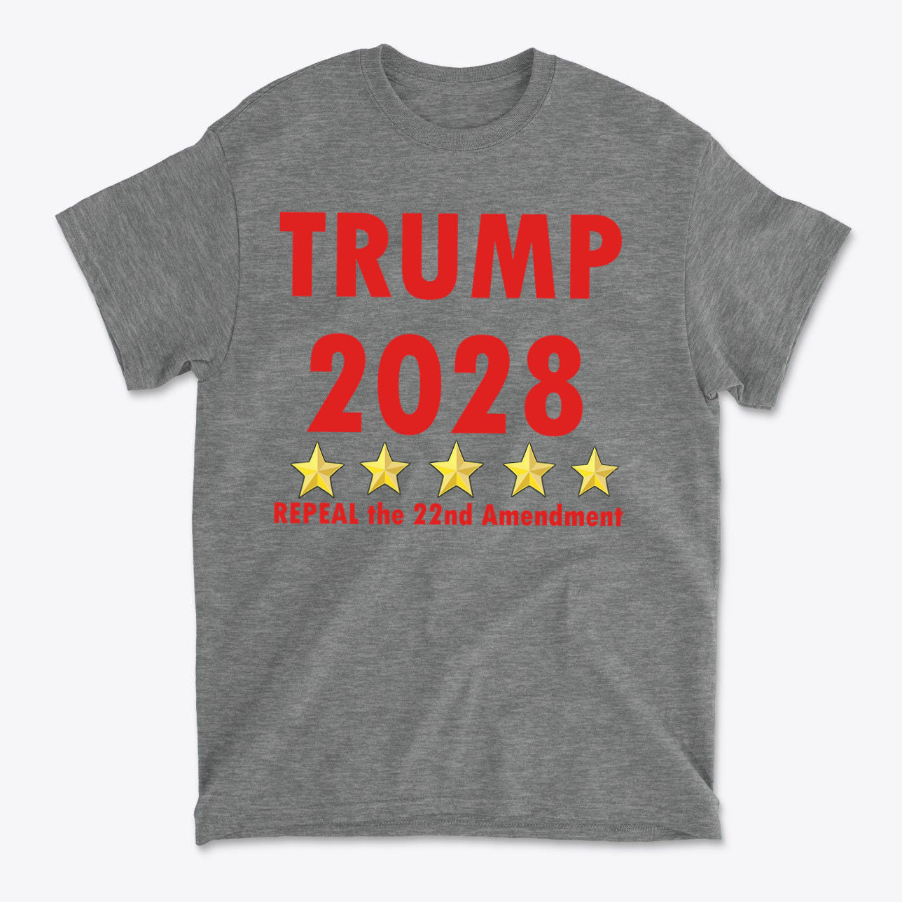 2028 Repeal 22nd Amendment Trump graphic t-shirt promoting political statement with bold text and stars.