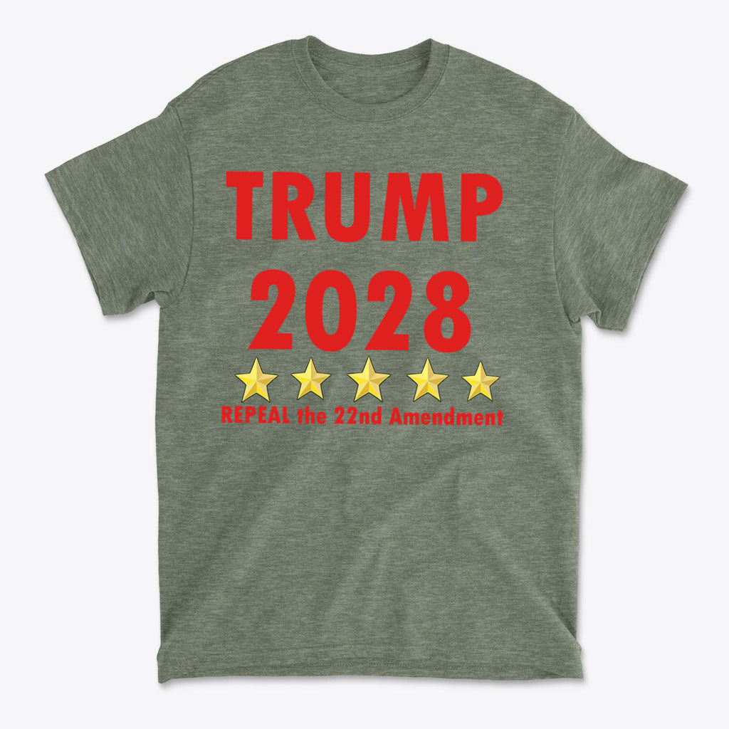 2028 Repeal 22nd Amendment Trump t-shirt featuring bold text and stars on a green background.