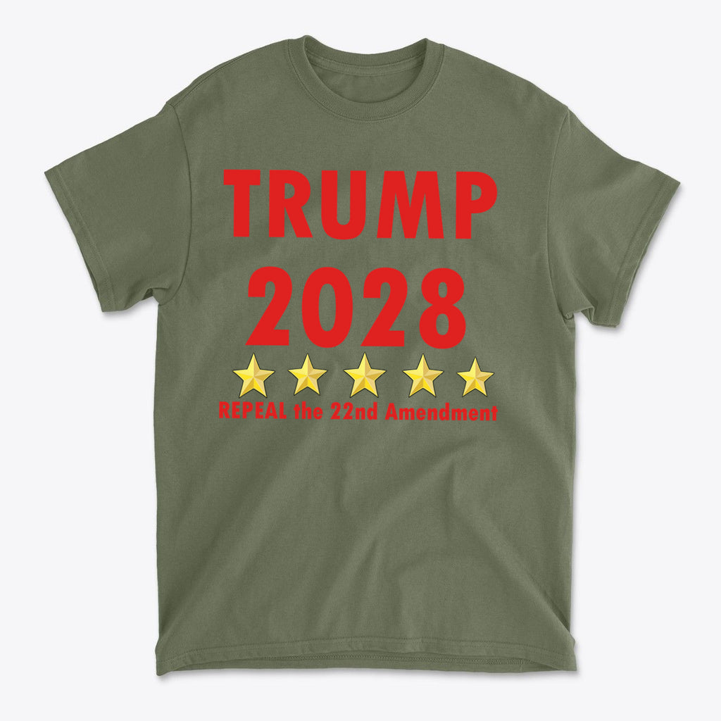 2028 Repeal 22nd Amendment Trump graphic t-shirt featuring bold text and star motifs.