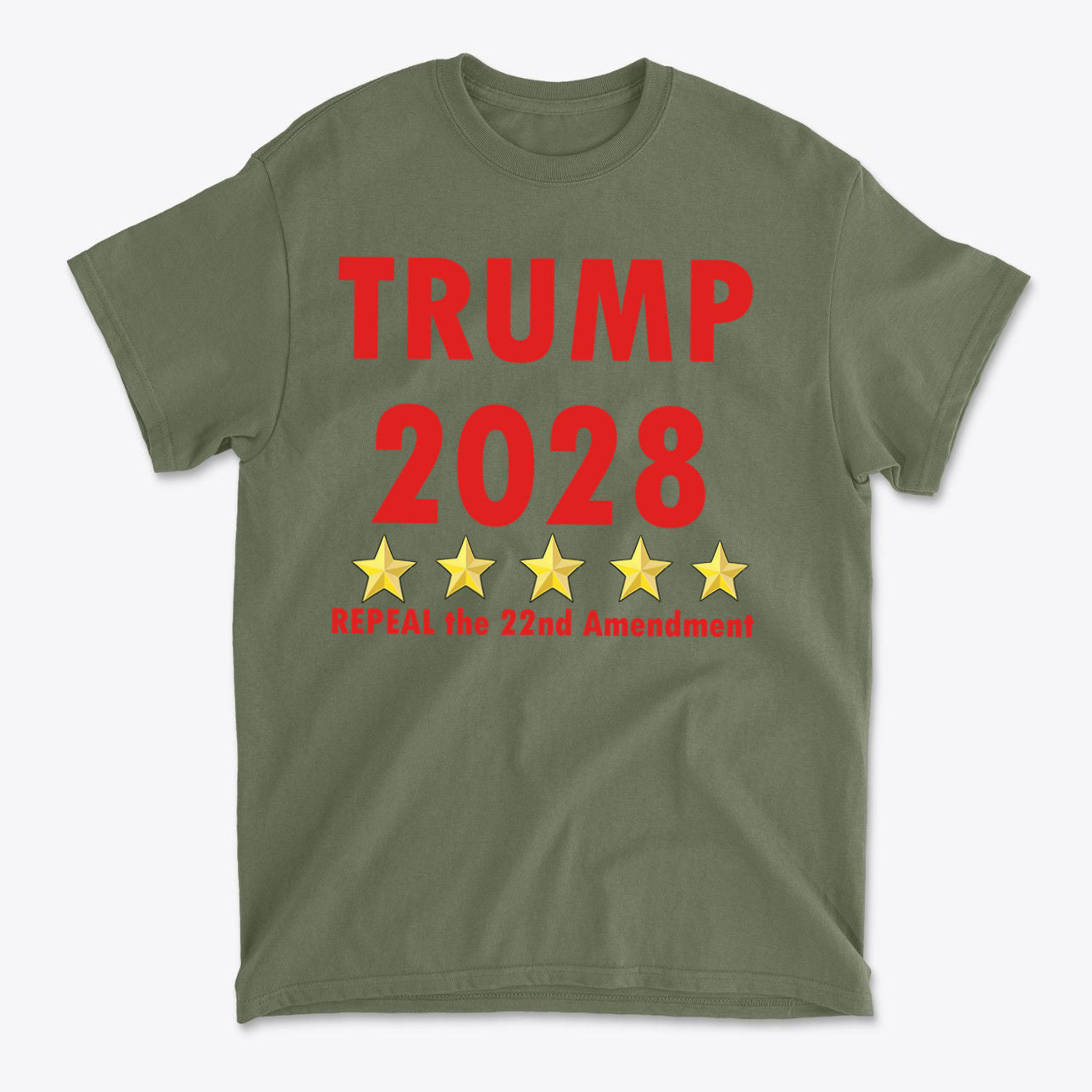 2028 Repeal 22nd Amendment Trump graphic t-shirt featuring bold text and star motifs.