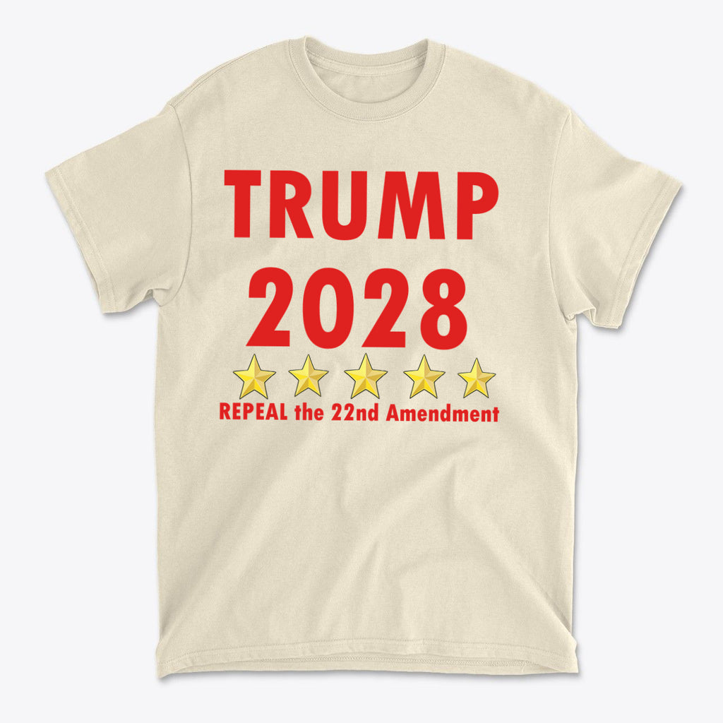 2028 Repeal 22nd Amendment Trump t-shirt with bold red text and stars design for political supporters.