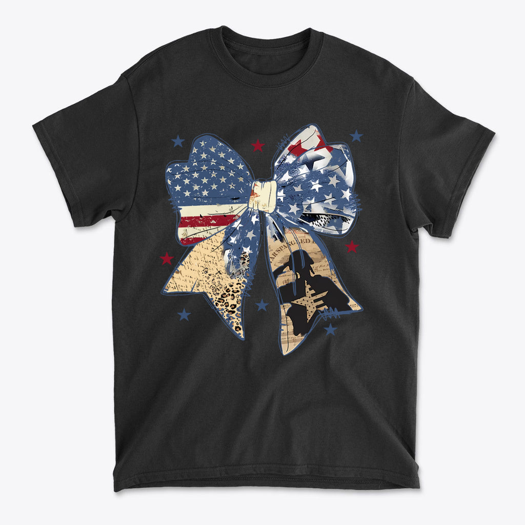 Ribbon As American Flag With Saluting Soldier design on a black t-shirt showcasing patriotism and conservative values.