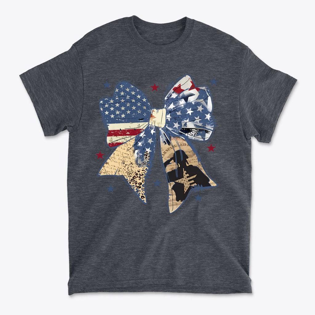 Ribbon As American Flag With Saluting Soldier t-shirt design featuring a patriotic bow with red, white, and blue colors.