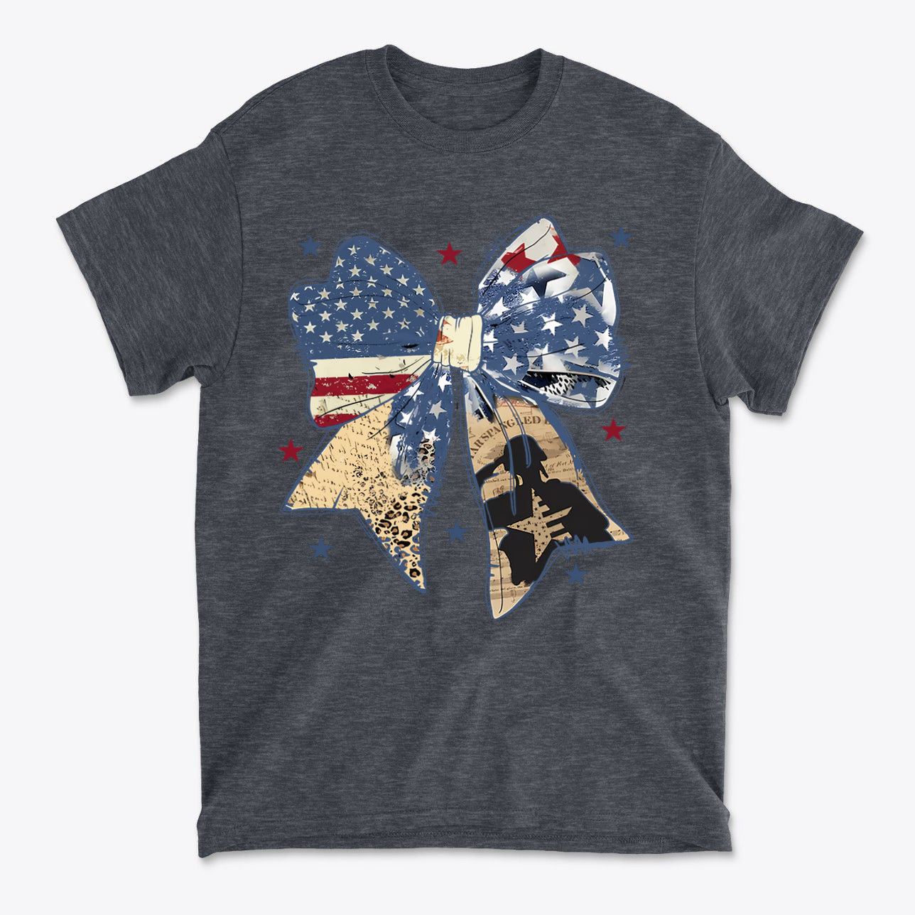 Ribbon As American Flag With Saluting Soldier t-shirt design featuring a patriotic bow with red, white, and blue colors.