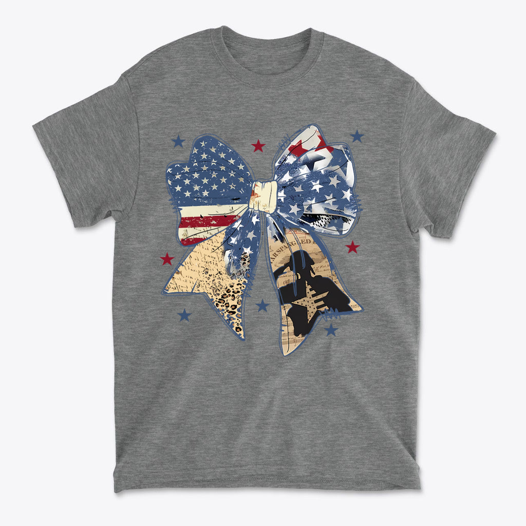 Ribbon As American Flag With Saluting Soldier design on a gray t-shirt featuring patriotic elements.