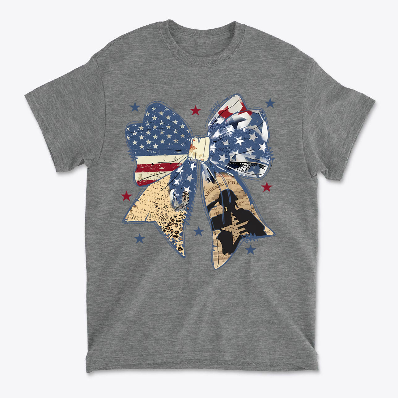 Ribbon As American Flag With Saluting Soldier design on a gray t-shirt featuring patriotic elements.