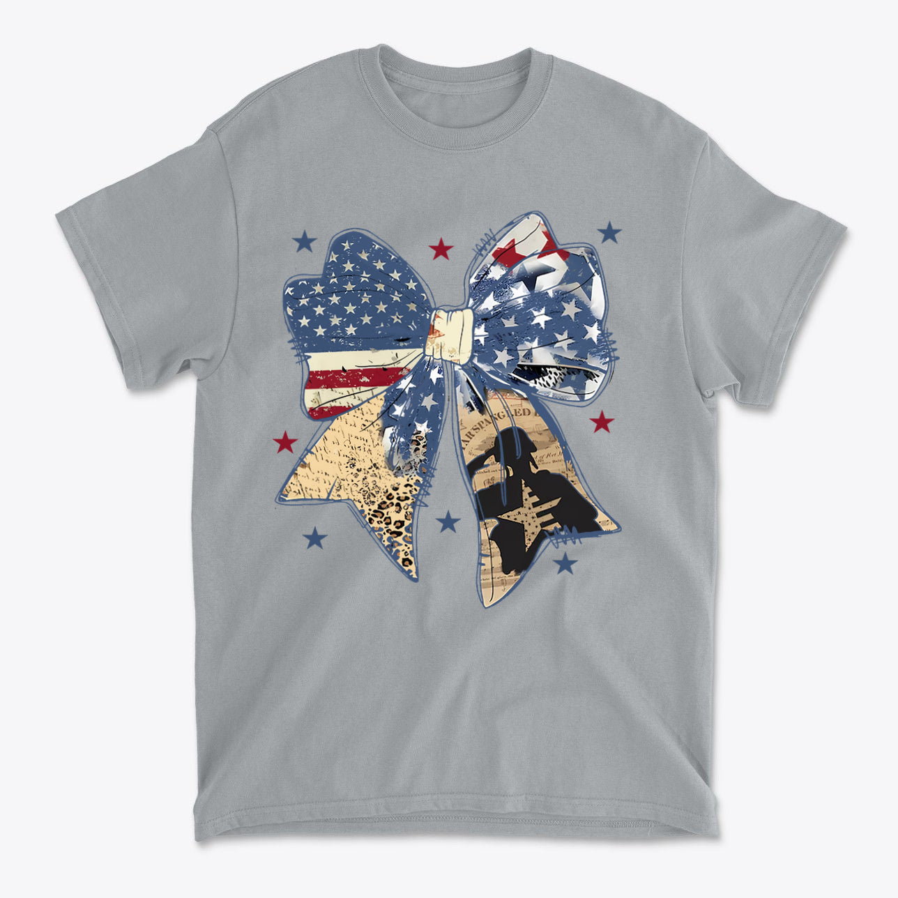 Ribbon As American Flag With Saluting Soldier design on grey t-shirt showcasing patriotic elements and symbols.