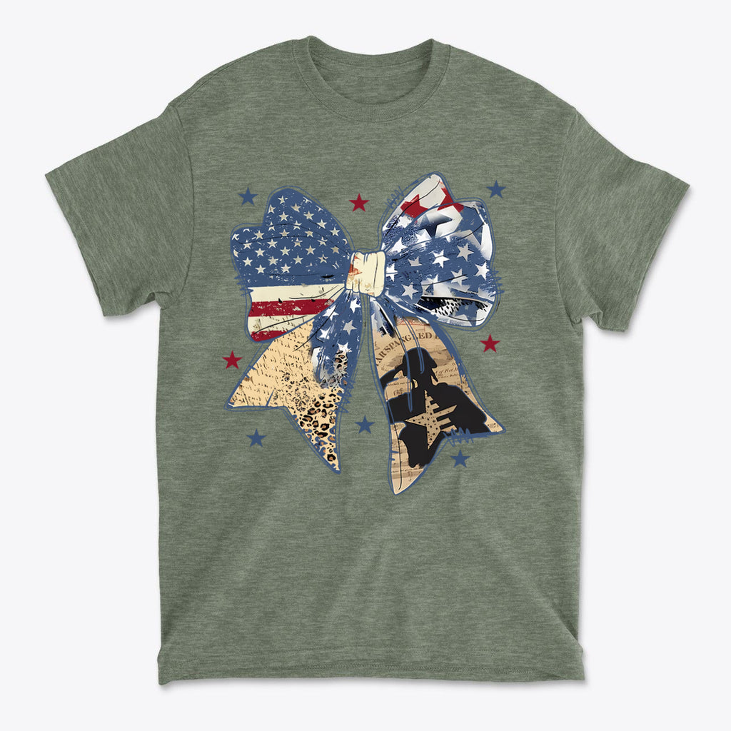 Ribbon As American Flag With Saluting Soldier design on a green t-shirt with stars.