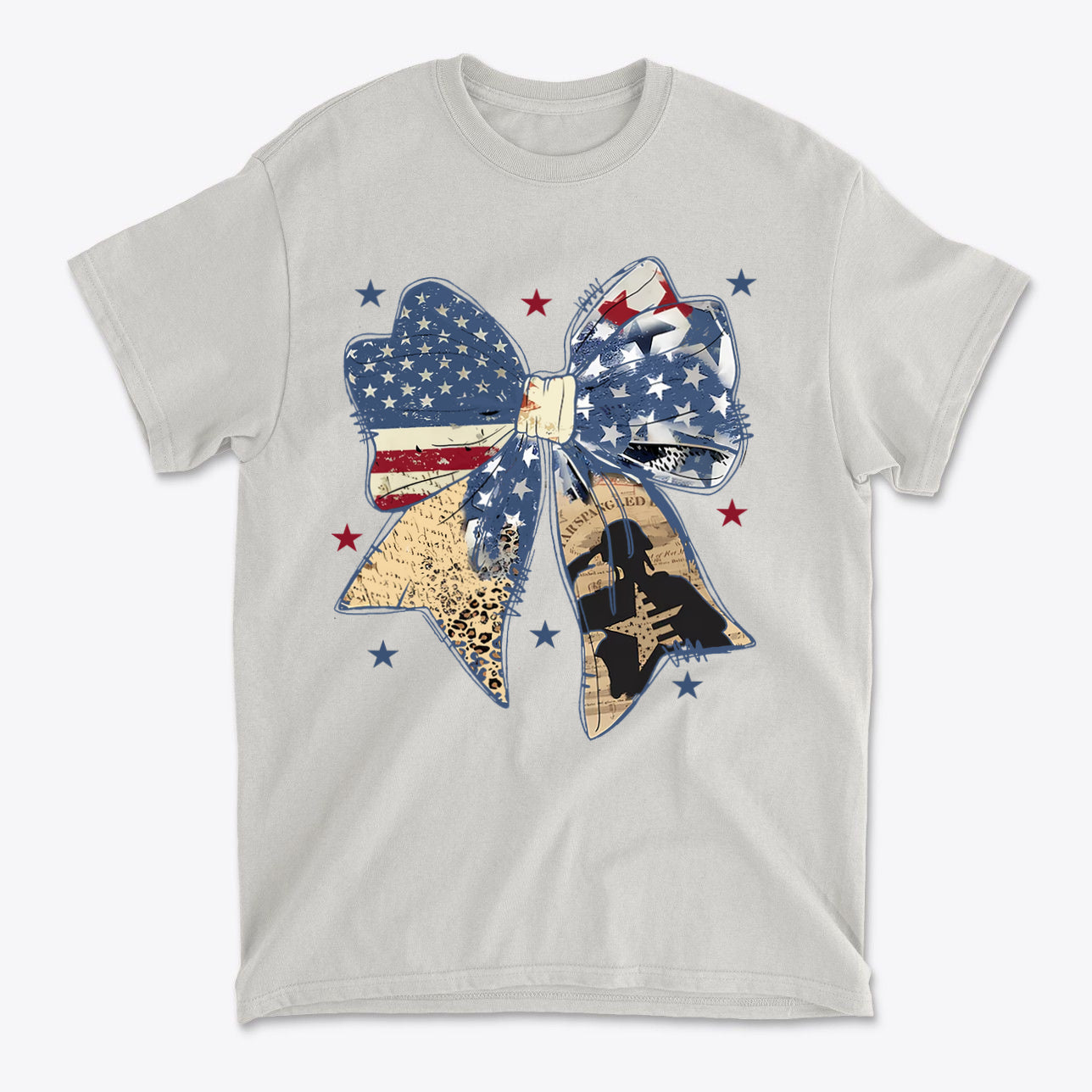 Ribbon As American Flag With Saluting Soldier t-shirt featuring a patriotic bow design.