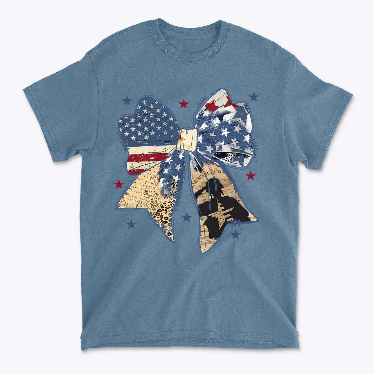 Ribbon As American Flag With Saluting Soldier design on a blue T-shirt featuring patriotic bow graphics.