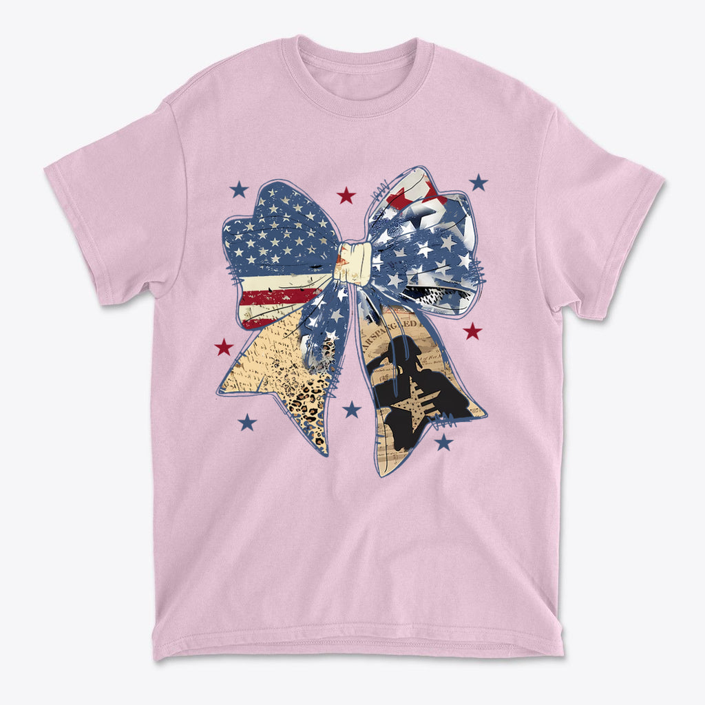 Ribbon As American Flag With Saluting Soldier design on pink t-shirt featuring stars and patriotic colors.