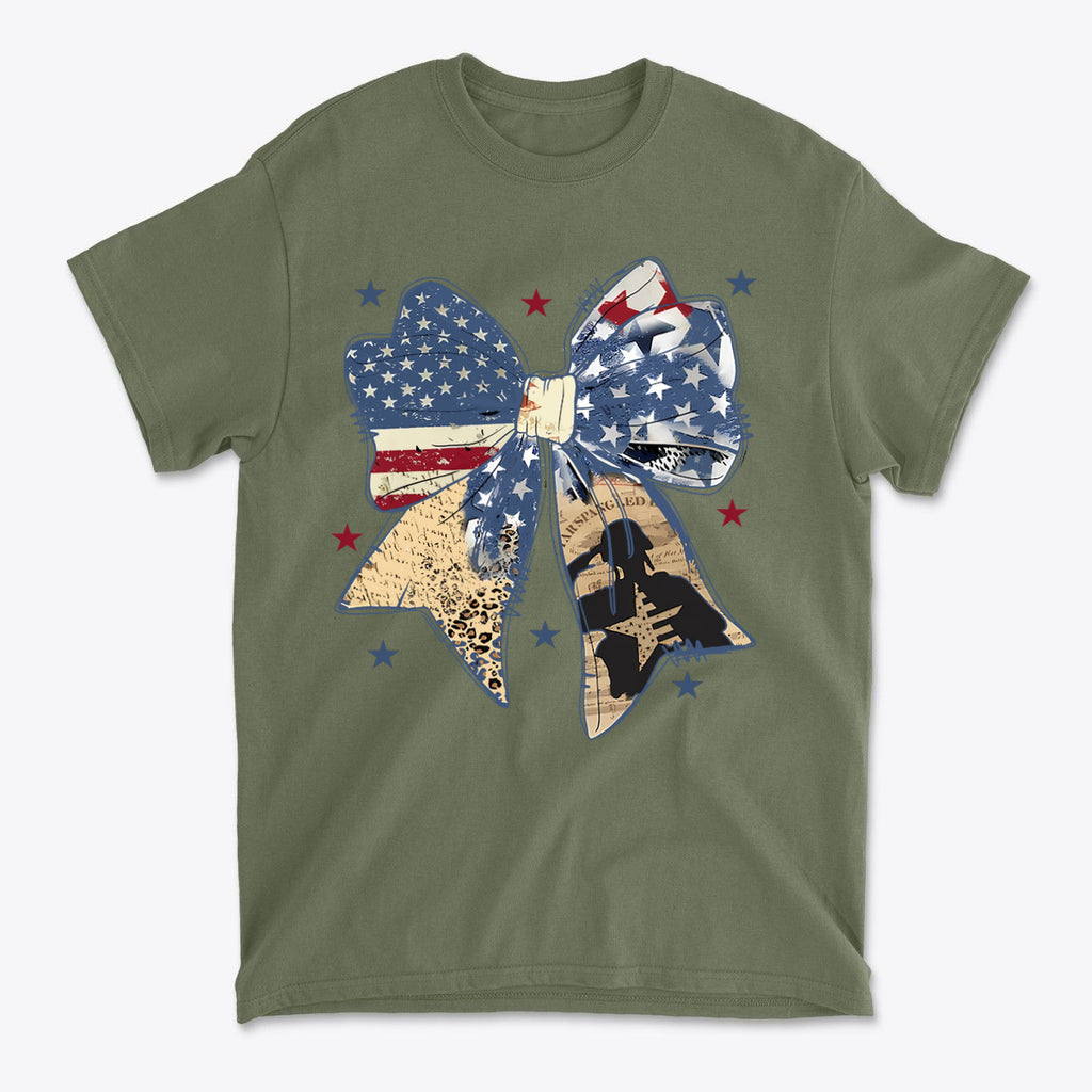 Ribbon As American Flag With Saluting Soldier design on a green t-shirt, featuring patriotic colors and themes.