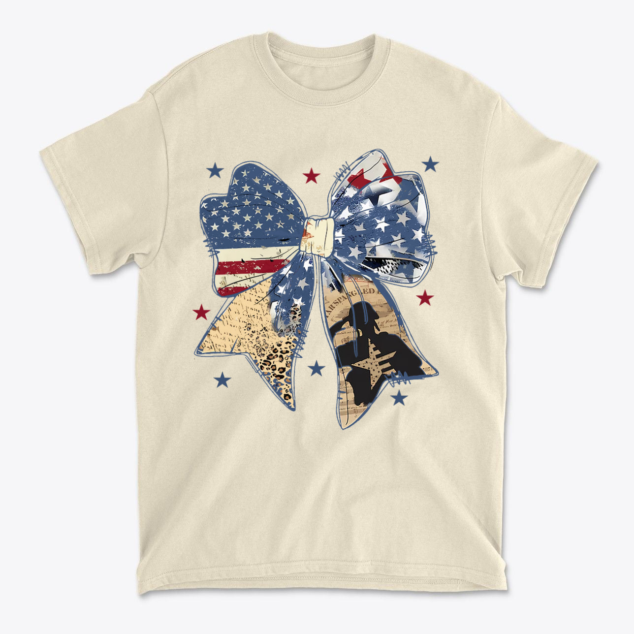 Ribbon As American Flag With Saluting Soldier design on a tan t-shirt featuring patriotic colors and images.