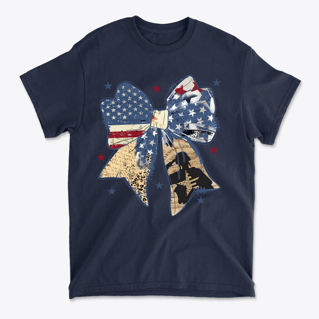 Ribbon As American Flag With Saluting Soldier design on navy shirt, featuring patriotic colors and stars.