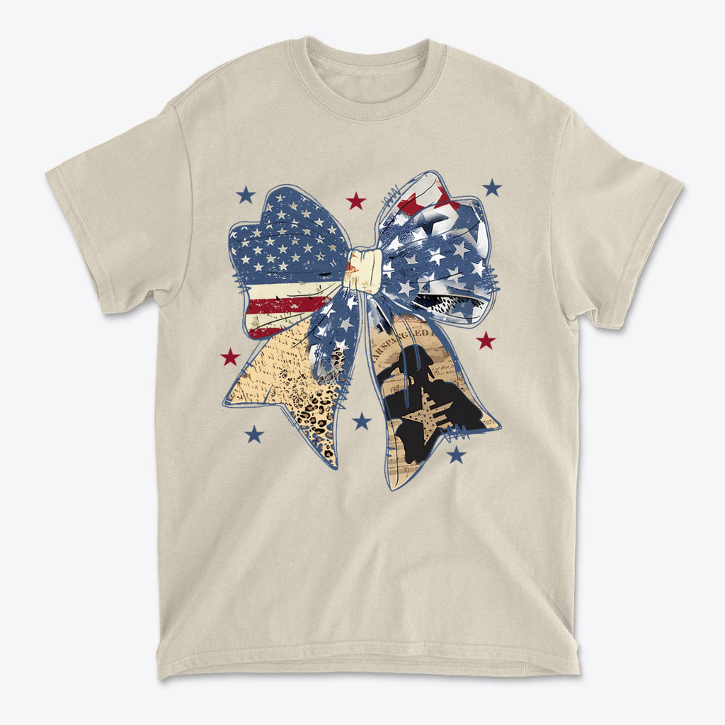 Ribbon As American Flag With Saluting Soldier design on a beige t-shirt featuring stars and stripes.