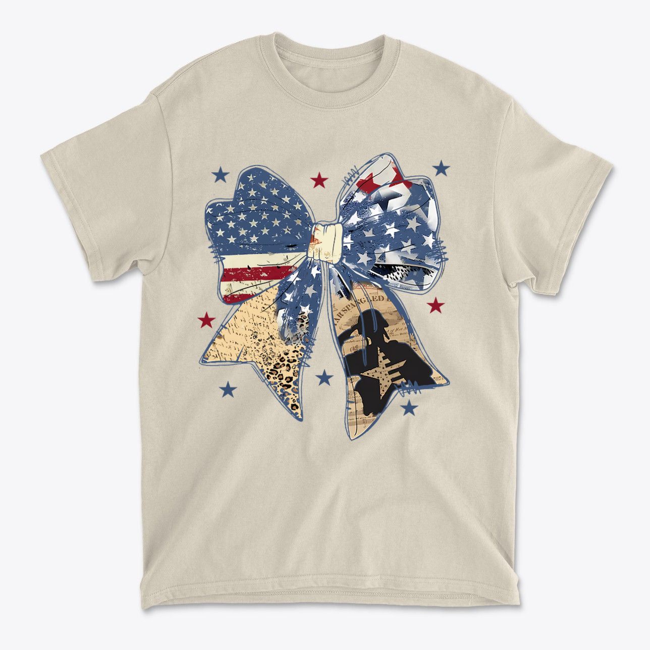 Ribbon As American Flag With Saluting Soldier design on a beige t-shirt featuring stars and stripes.